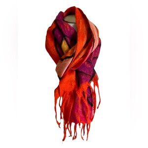 Vibrant Orange & Purple Nuno Felted Merino Wool Fringed Scarf